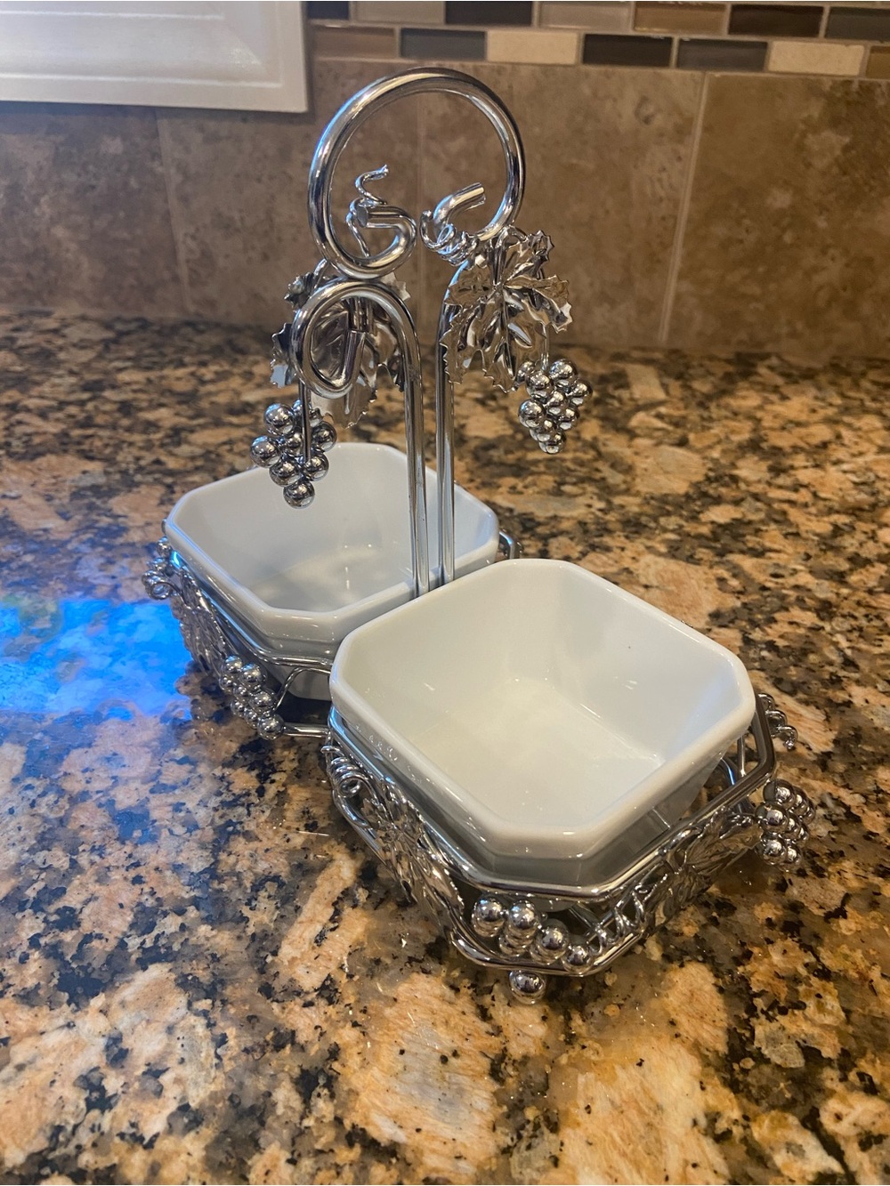 Silver Tone Grapevine 2 Bowl Serving Caddy White Ceramic Dishes